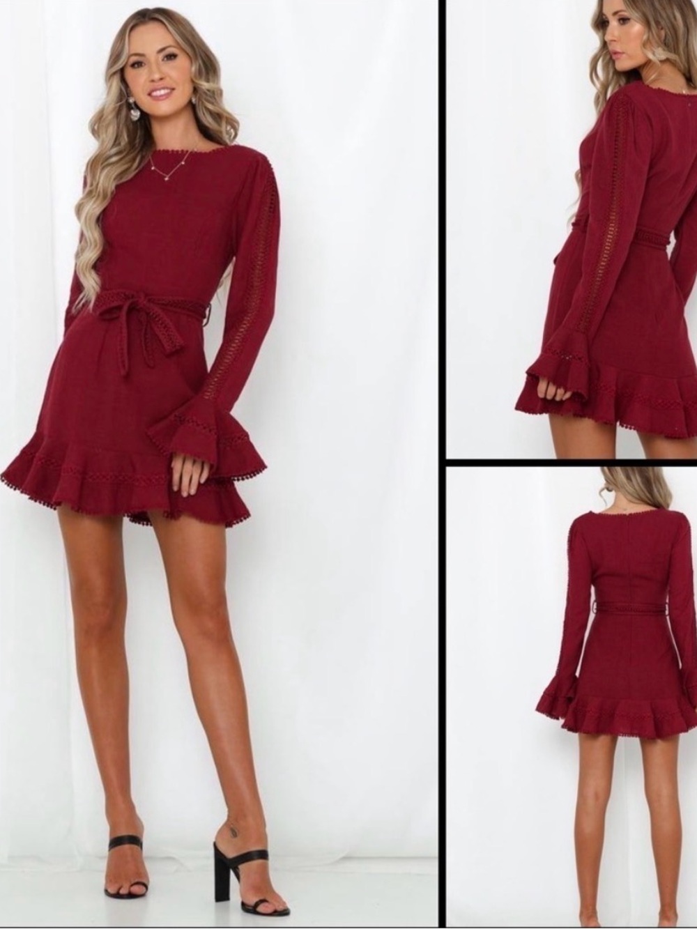 Saints + Secrets Red Linen Boho Bell Sleeve Belted Mini Dress Size Small Cutouts